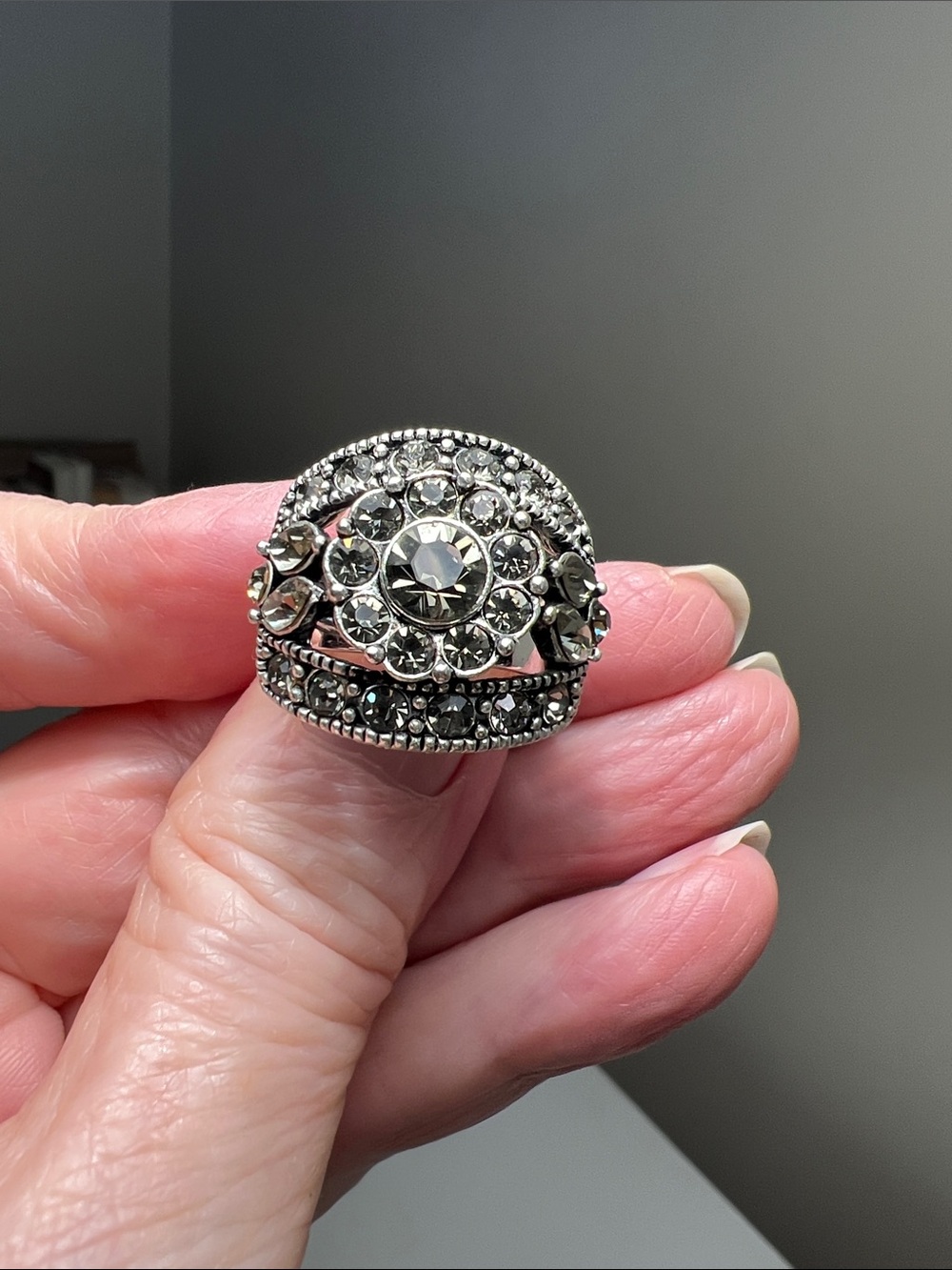 Extravagant Silver-Tone Clear Crystal Statement Ring - Heirloom Estate Vintage